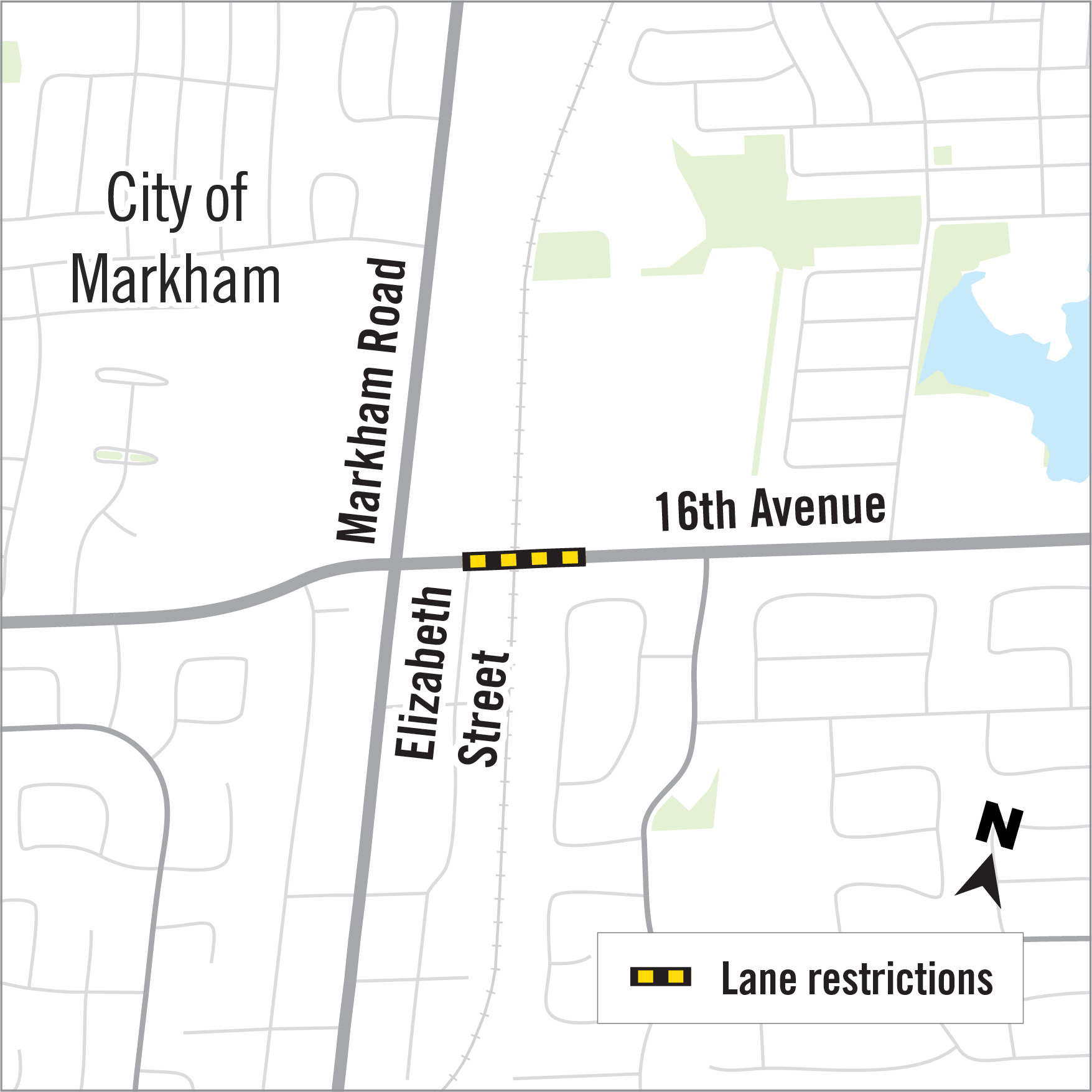 Map showing location of temporary lane restriction on 16th Avenue in the City of Markham