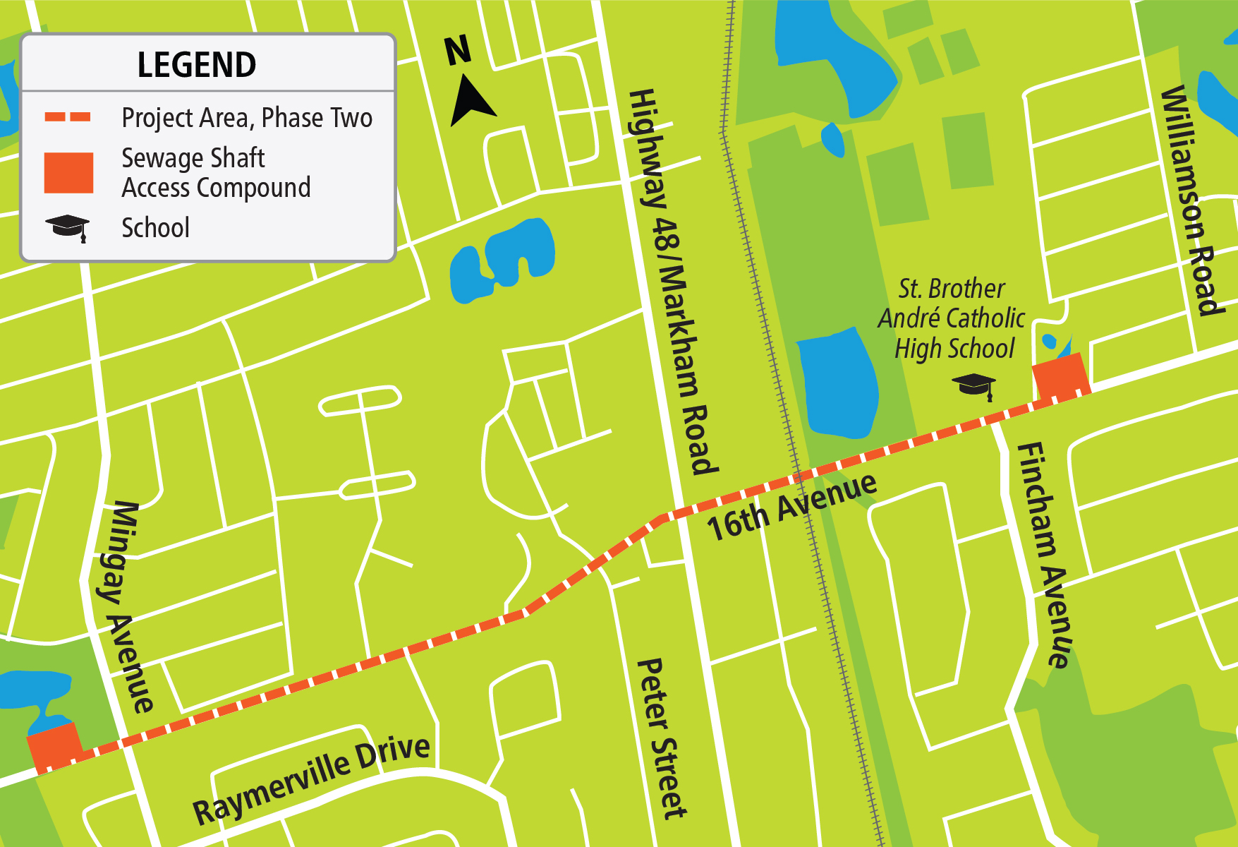 Map showing the sewer rehabilitation area along 16th Avenue in Markham