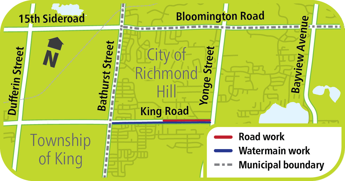 map is showing construction King Road from Yonge Street to Bond Crescent