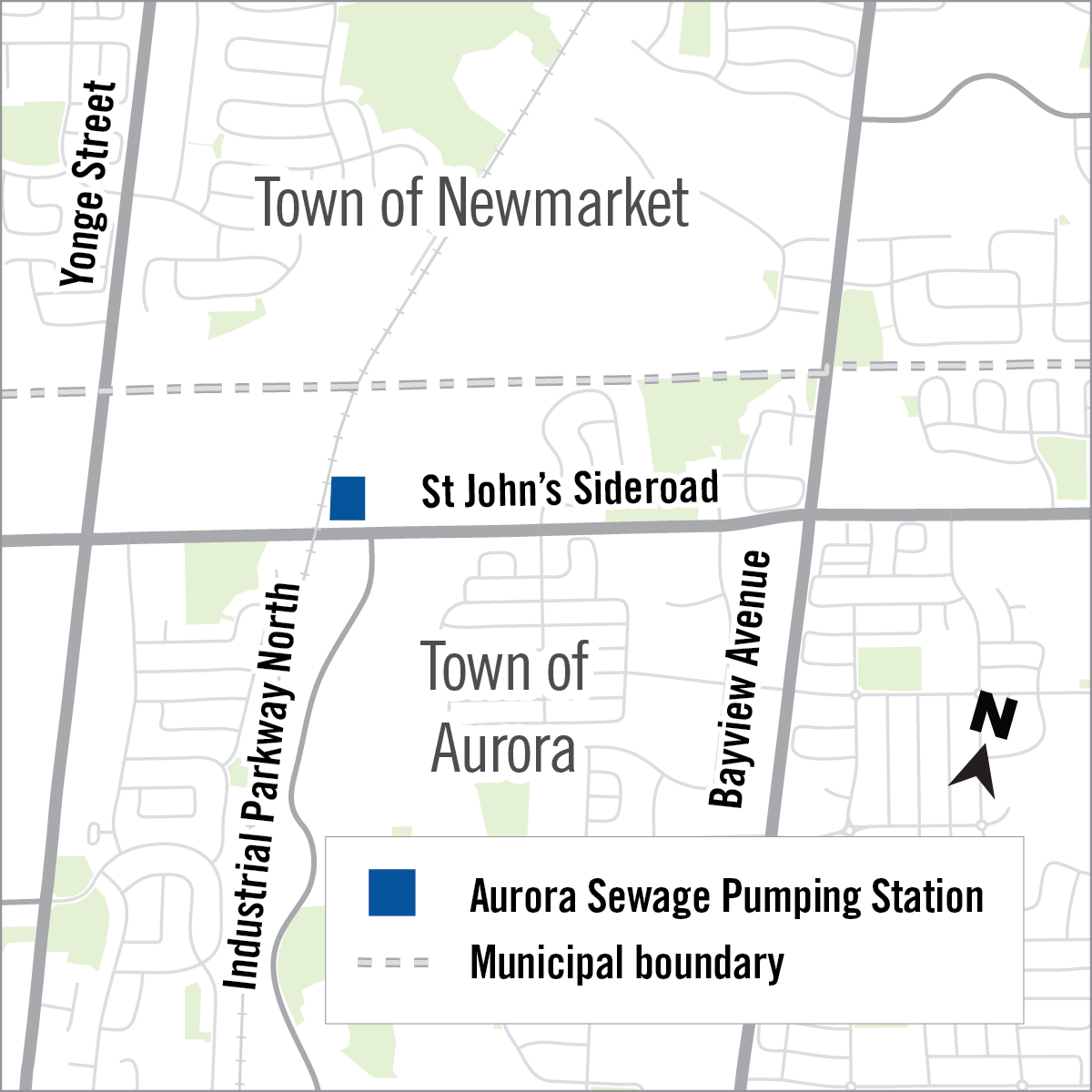 map showing location of the Aurora Sewage Pumping Station at 242 St. John’s Sideroad