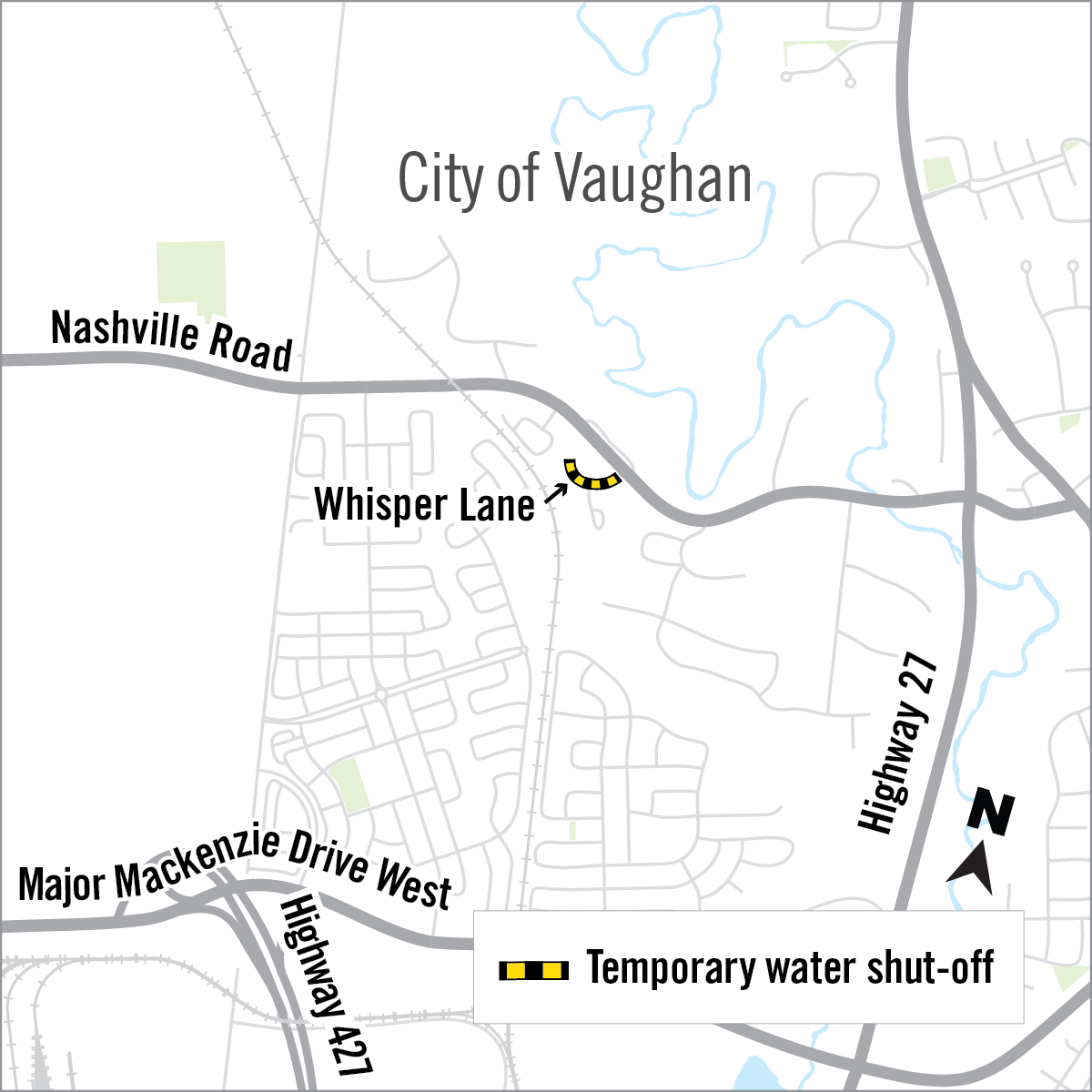 Map of temporary water shut off area along Whisper Lane in Vaughan.
