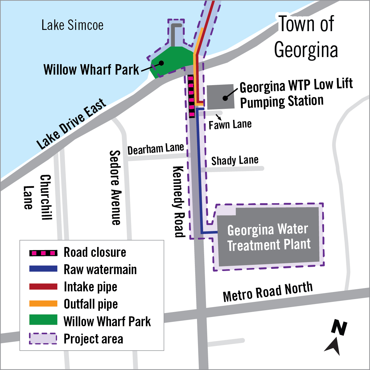 Map of construction around the Georgina Water Treatment Plant