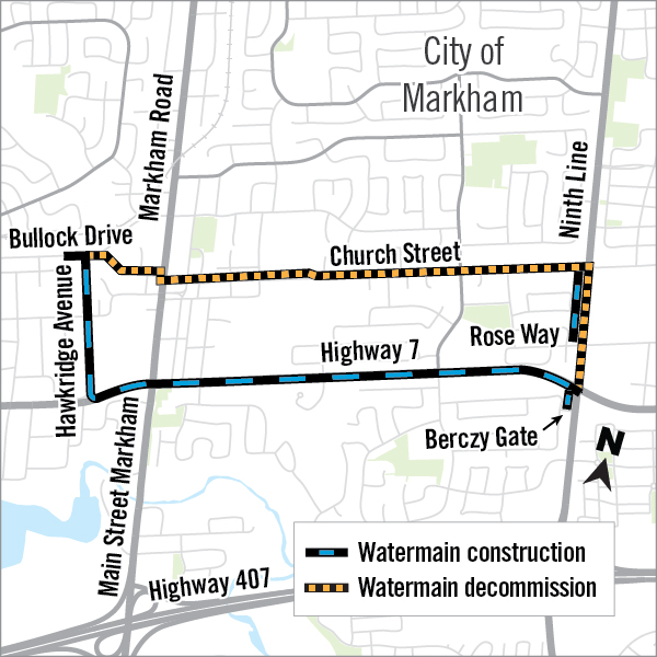 Map of watermain construction area along Bullock Drive.