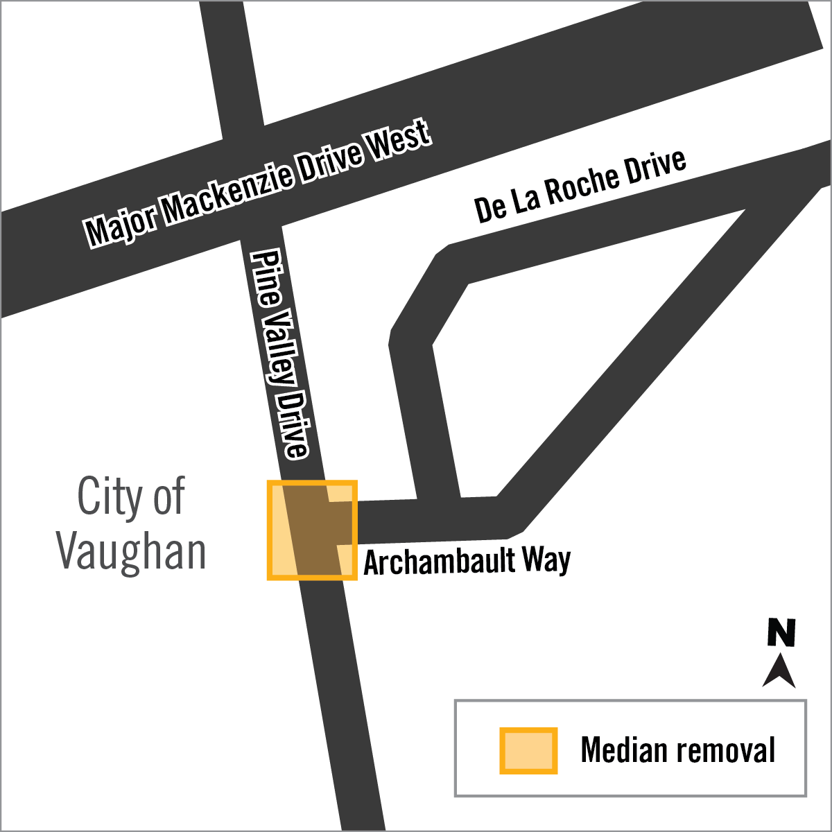 Map of median removal area at Pine Valley Drive and Archambalt Way