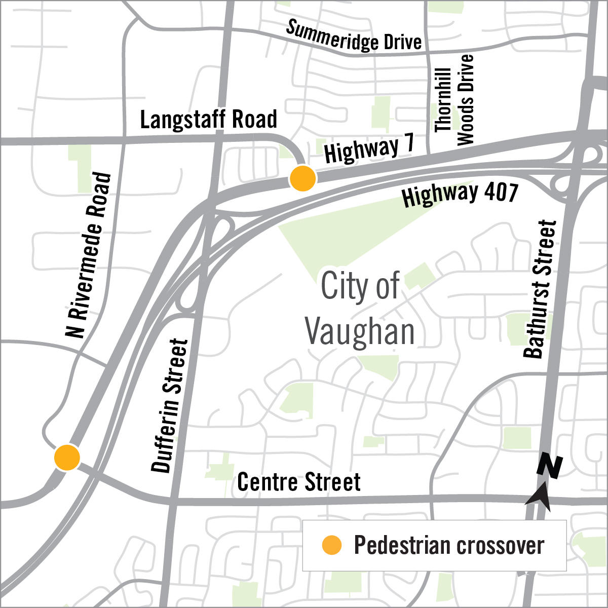 Map of pedestrian crossover locations along Highway 7 and Langstaff