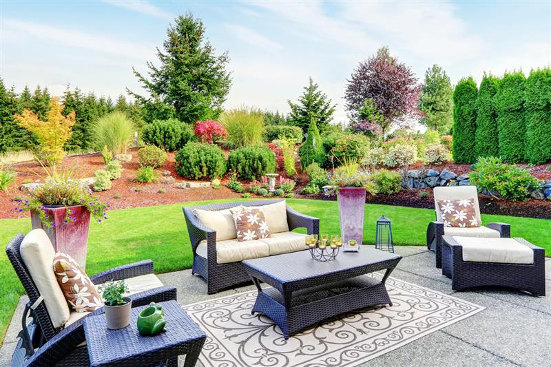 A backyard patio with beautiful trees