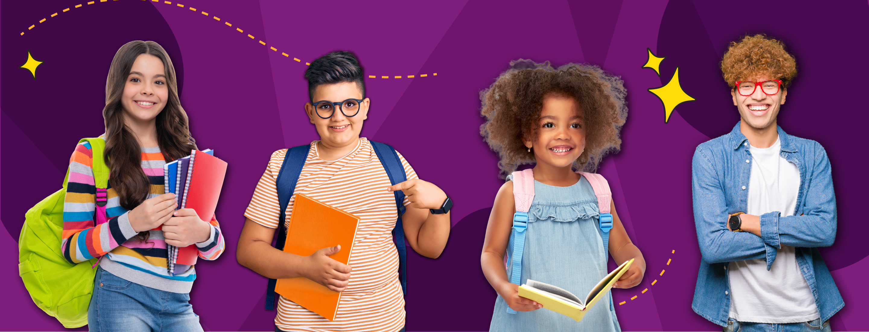 Banner showing four school-aged children with backpacks, books and notebooks against a purple background with decorative stars and dotted lines.
