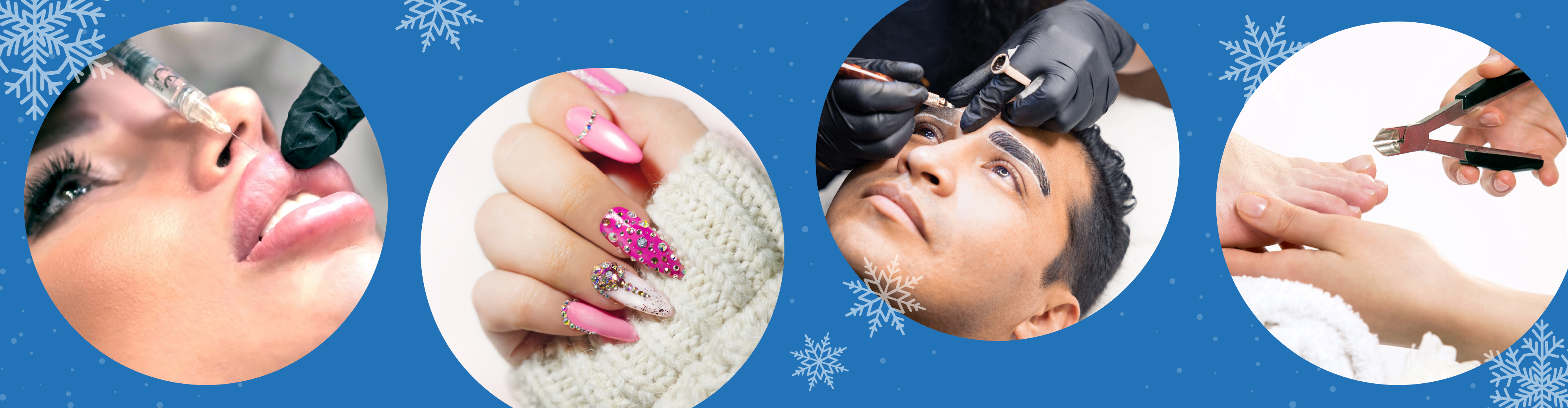 Blue banner with snowflakes showing close-ups of a manicure, pink glitter nails, eyebrow microneedling, and a pedicure