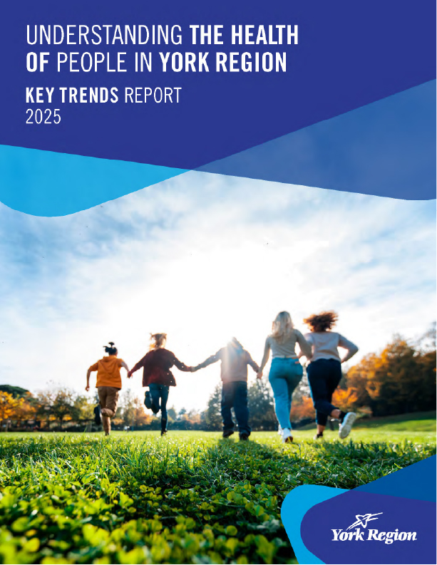 Report cover with the title: "Understanding the Health of People in York Region: Key Trends Report 2025" and image of five people running on the grass on a sunny day away from the camera