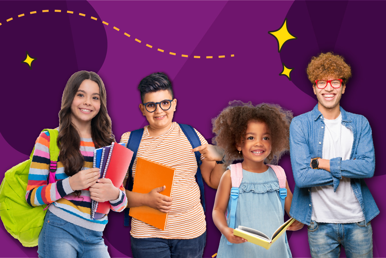 Banner showing four school-aged children with backpacks, books and notebooks against a purple background with decorative stars and dotted lines.