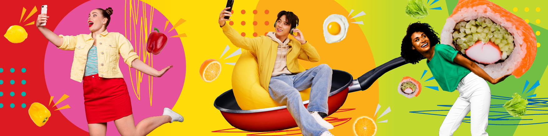 Bright, playful collage of people posing with oversized food items like fruit, a frying pan, and a giant sushi roll.