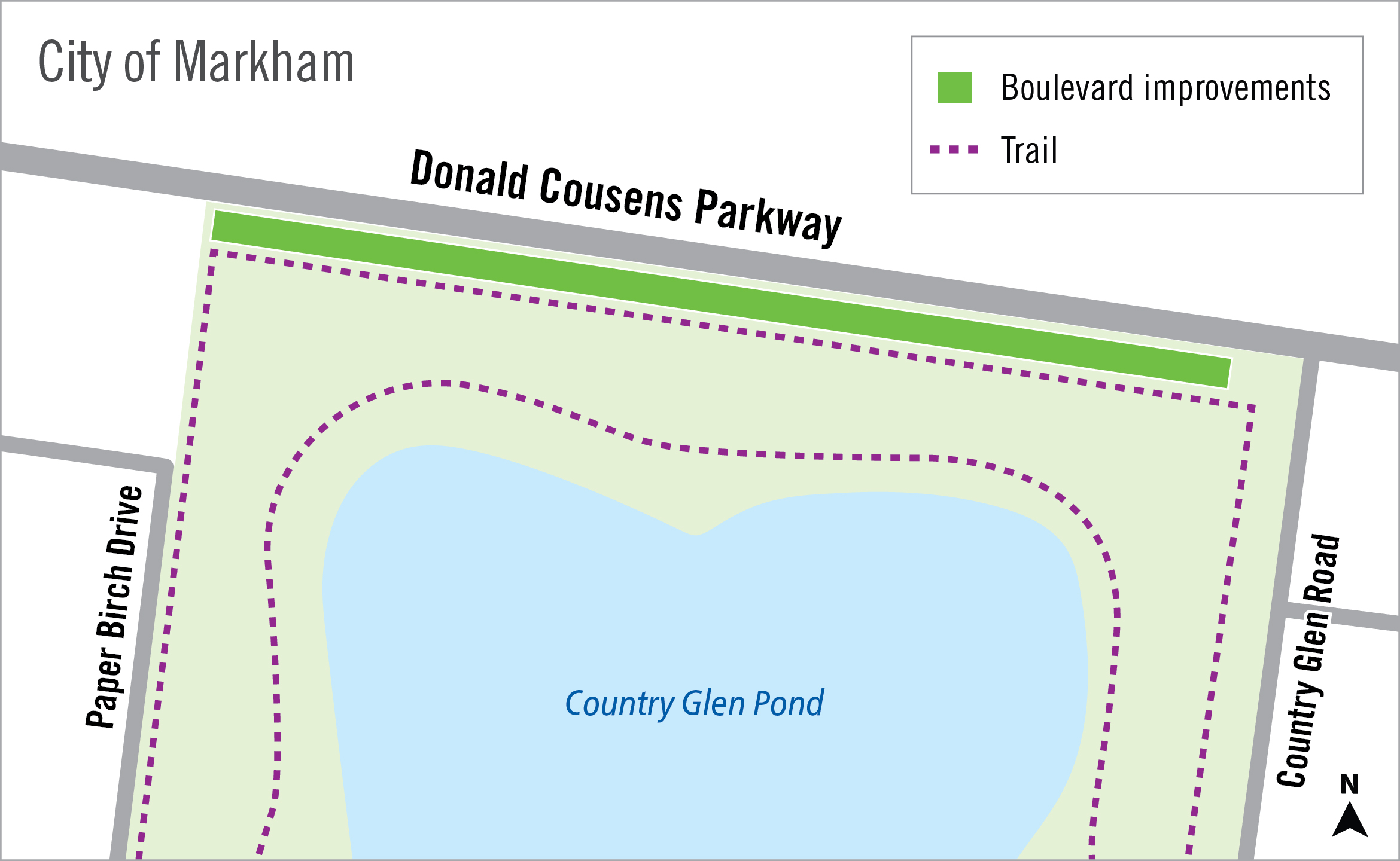 A Map of the area where York Region is replacing soil and planting trees in the grass boulevard on Donald Cousens Parkway west of Country Glen Road