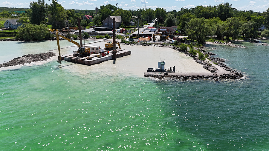 Construction barge working offshore near Willow Wharf Park in the Town of Georgina