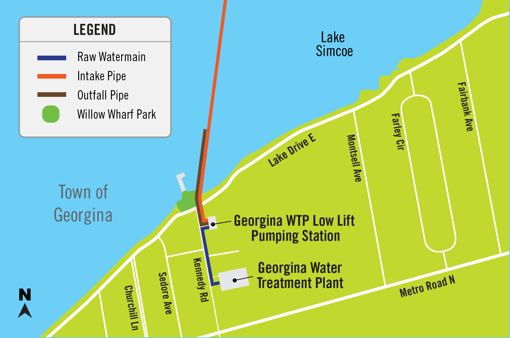 Map showing location of the Georgina Water Treatment Plant and low lift pumping station