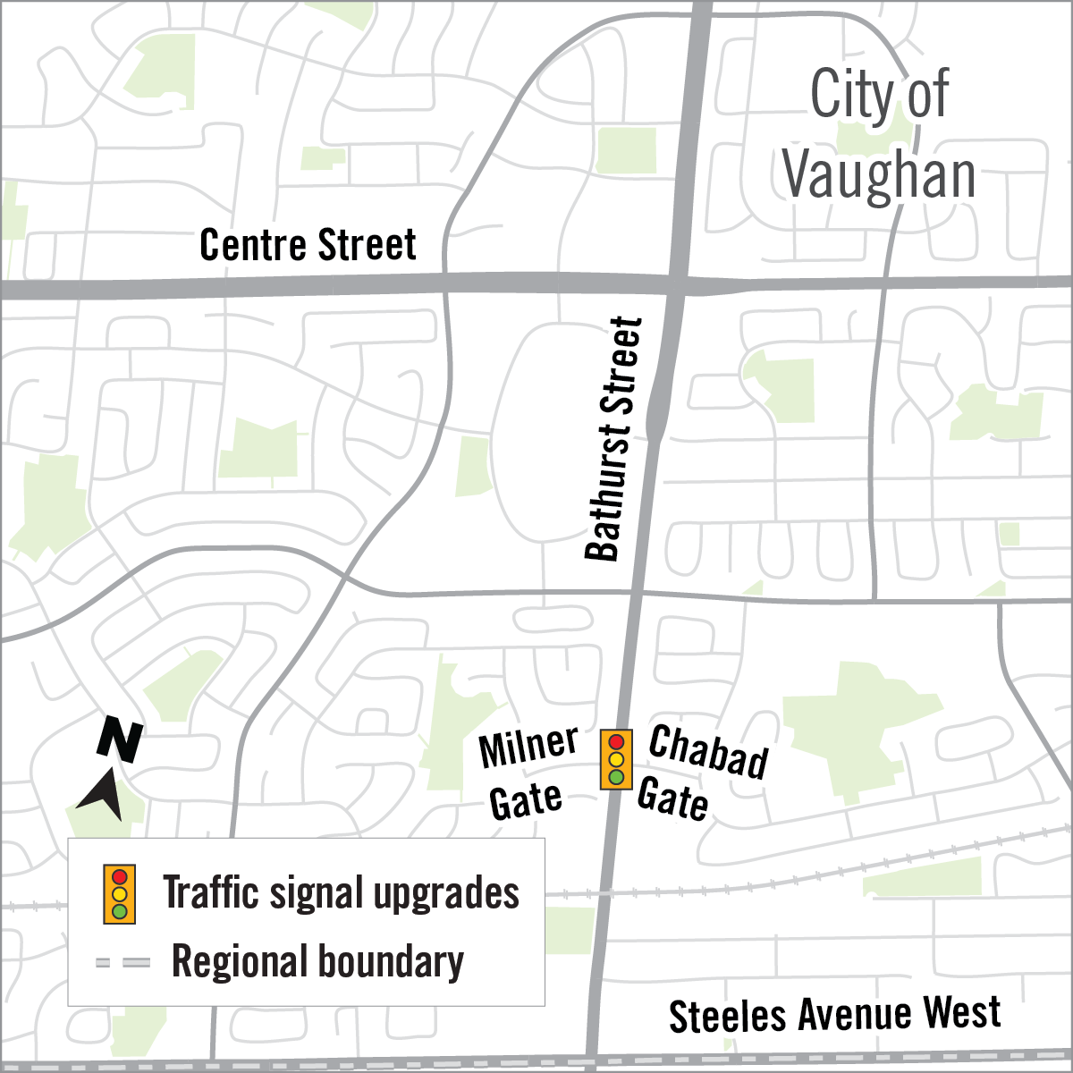 Map of traffic signal upgrades at Bathurst Street and Milner Gate