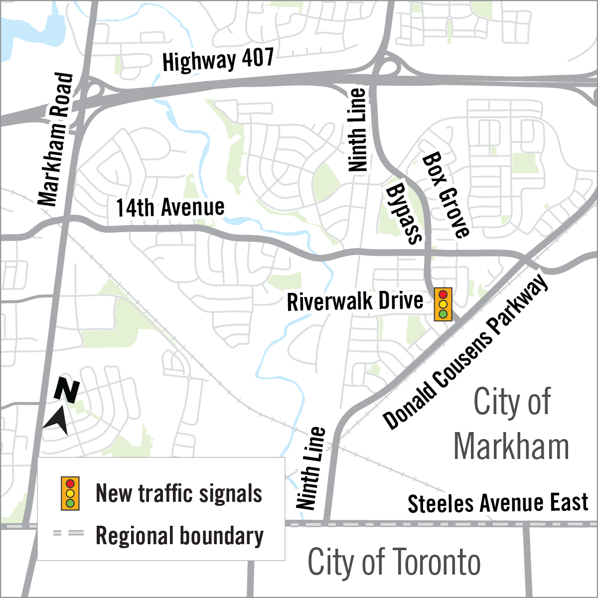 Map of new traffic signal at Box Grove Bypass and Riverwalk Drive