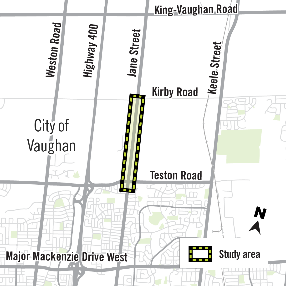 map of study area along Jane Street in City of Vaughan