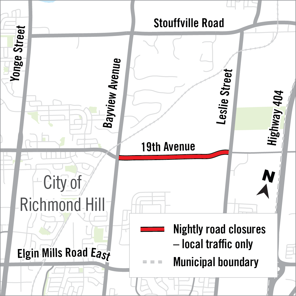 map of road closure along 19th Ave in Richmond Hill