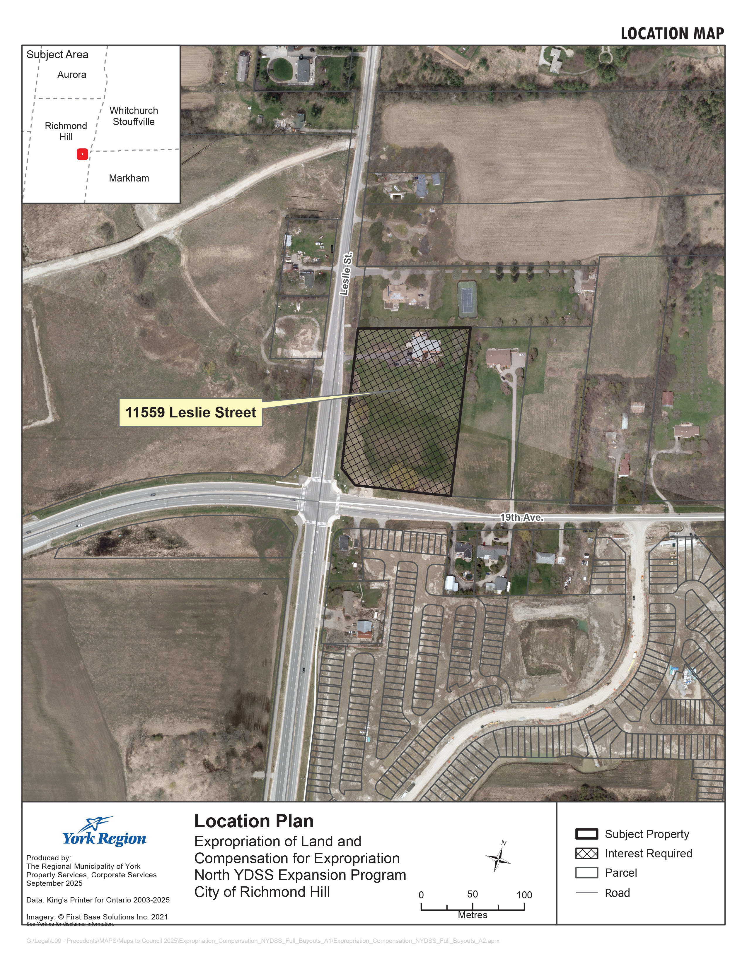 Location map highlighting 11559 Leslie Street in the City of Richmond Hill