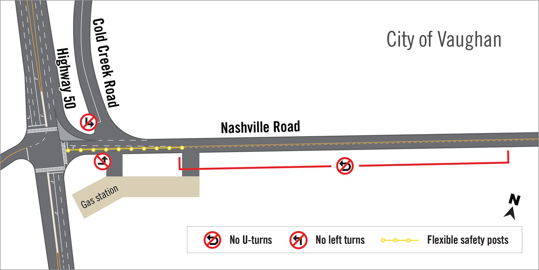 map restricted left turn areas at Nashville Road and Cold Creek Road
