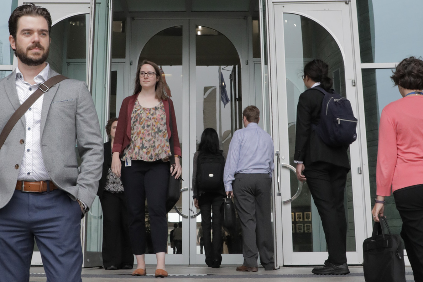 People walking into and out of York Regional Administrative Building