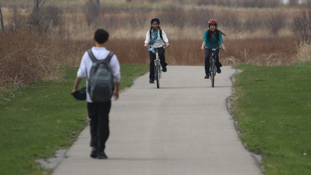 People cycling and walking along a pathway