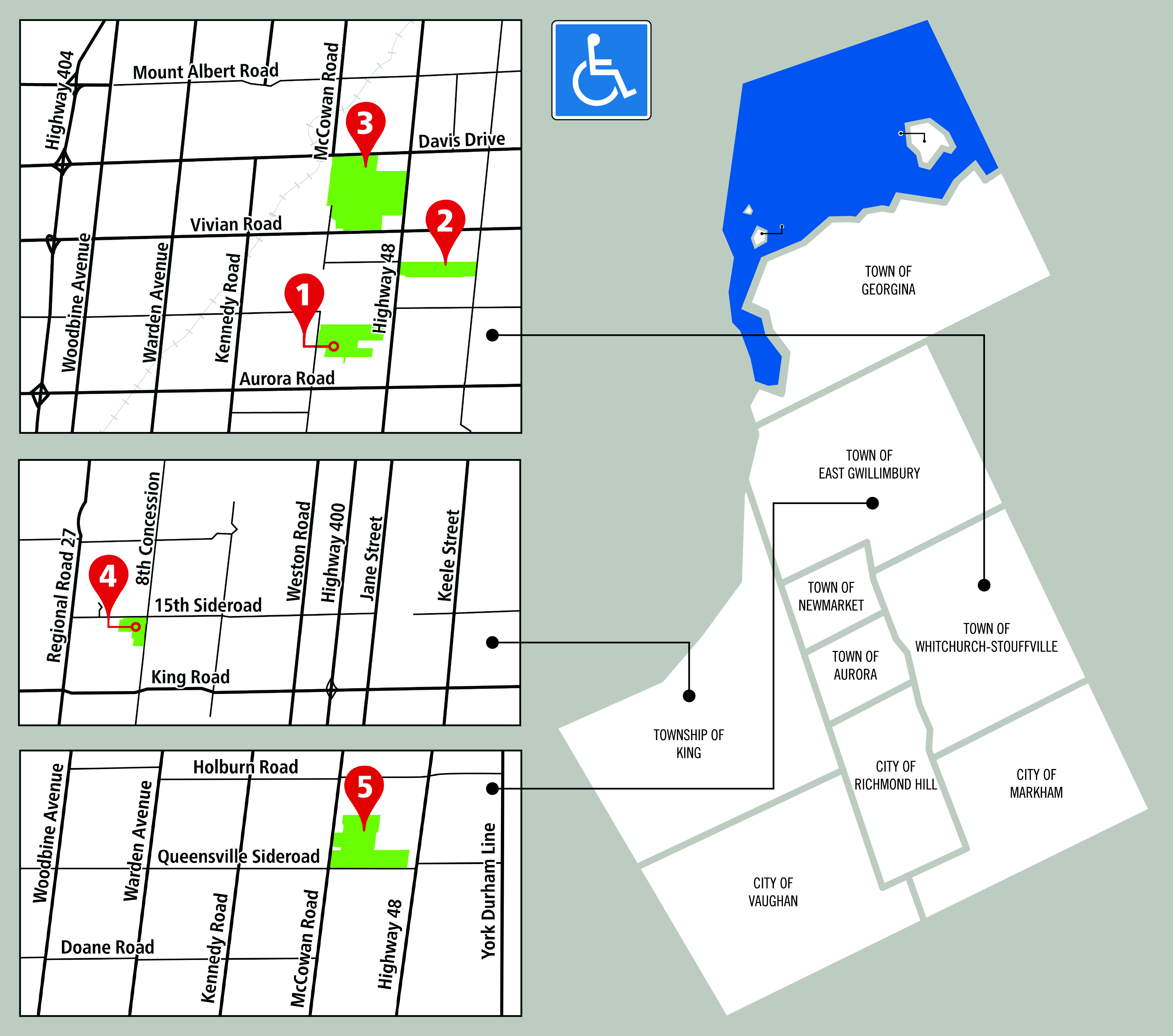A map of the 5 accessible trail locations