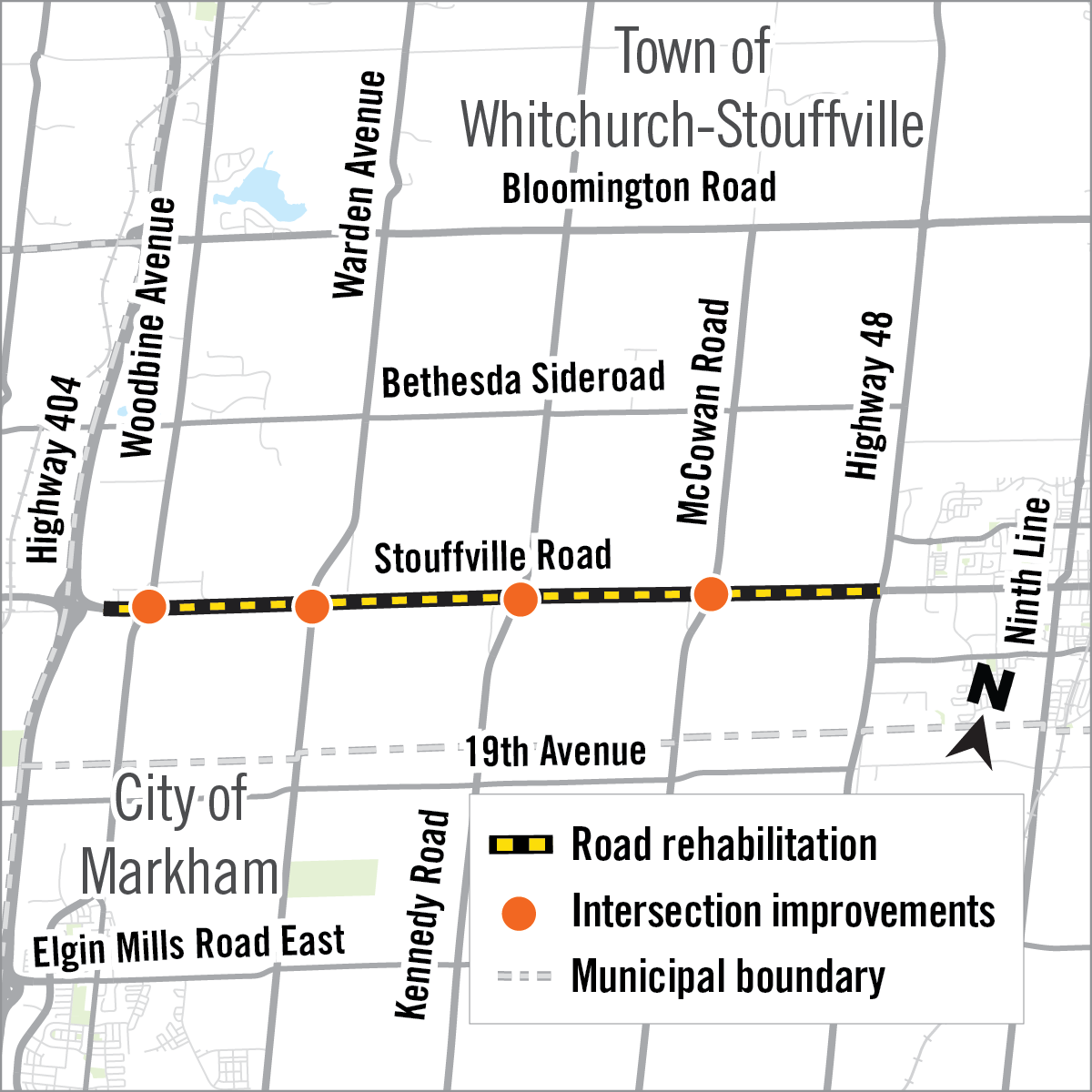 map showing the road construction area along Stouffville Road