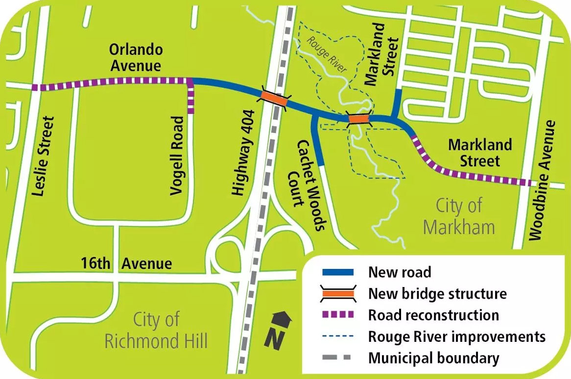 location map illustrating new road and bridge crossing highway 404