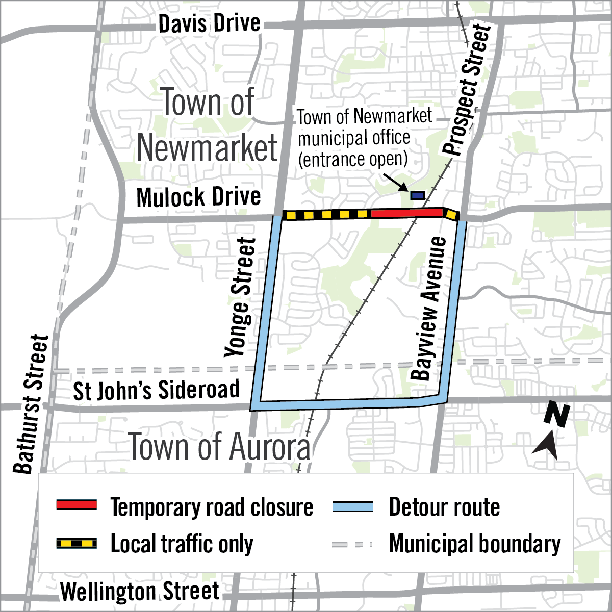 Map of road closure along Mulock Drive