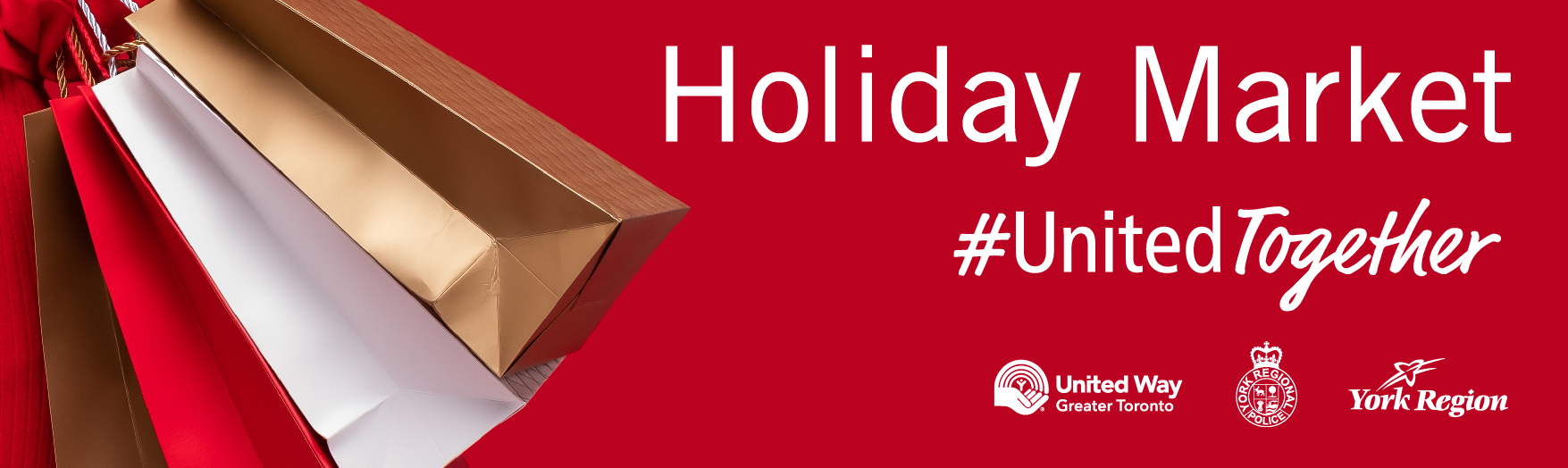 shopping bags on a red background and the United Way, York Regional Police and York Region logos