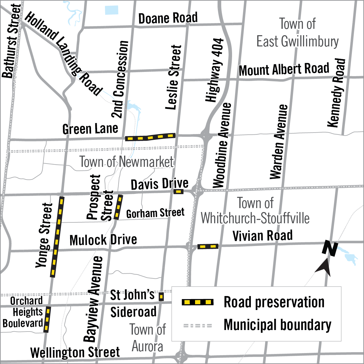 Map of various locations for Road Preservation across York Region