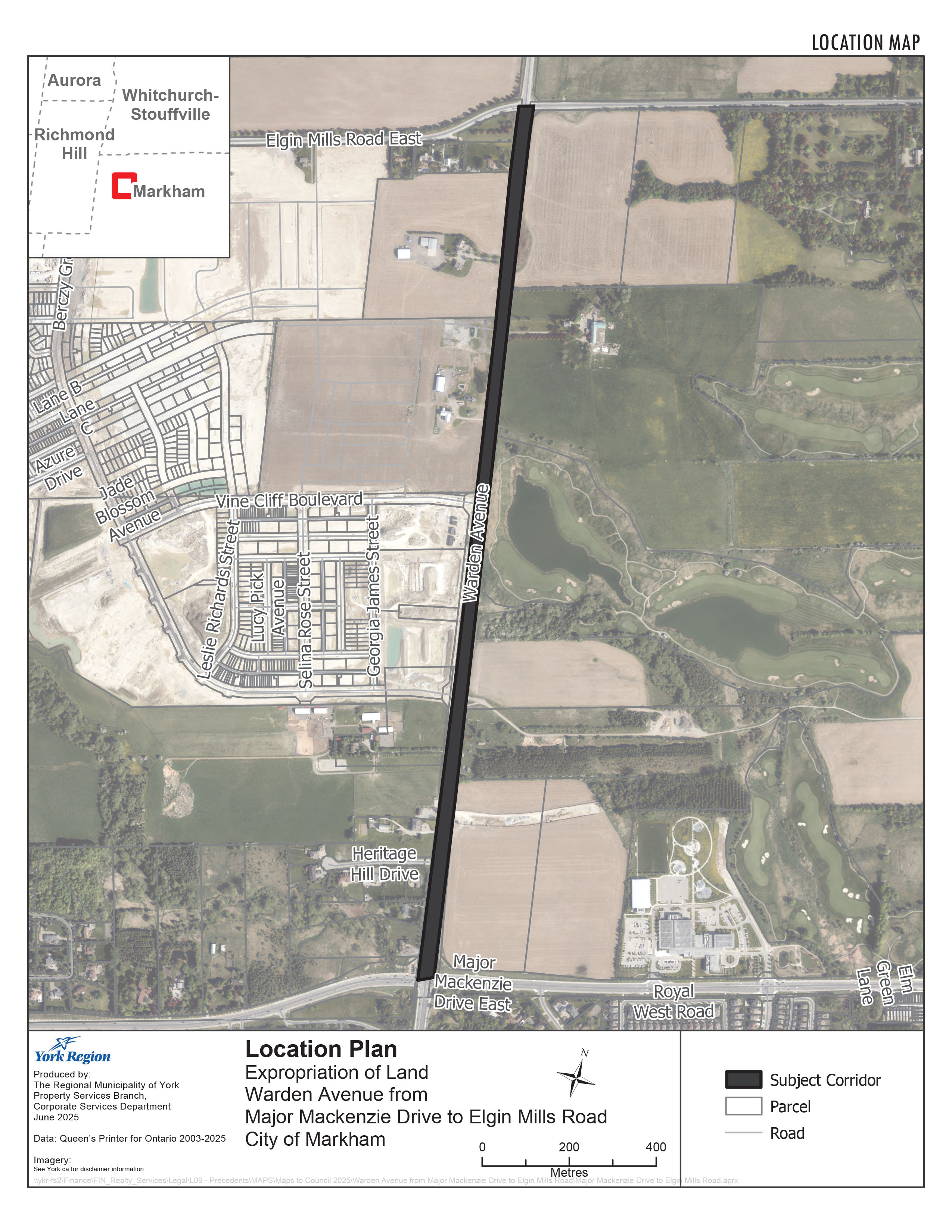 location map of Expropriation of Land Warden Avenue from Major Mackenzie Drive to Elgin Mills Road in the City of Markham