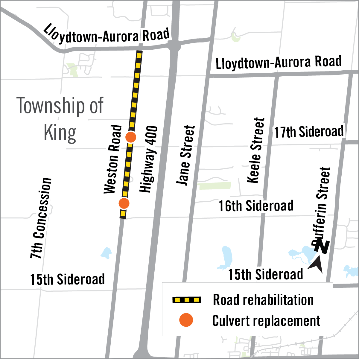 Map of road rehabilitation on Weston Road in King
