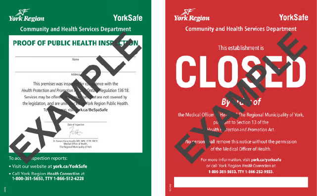 Examples of a pass (green) and closed (red) YorkSafe inspection signs