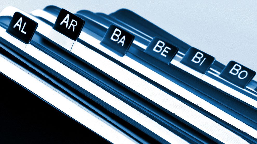 Close up of alphabetical file folders