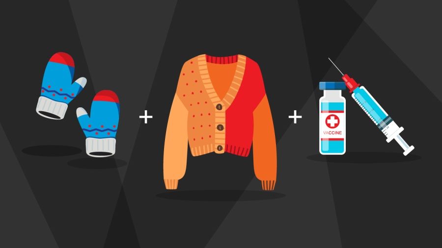 illustration of mittens, sweaters and a vaccine to layer up to stay protected