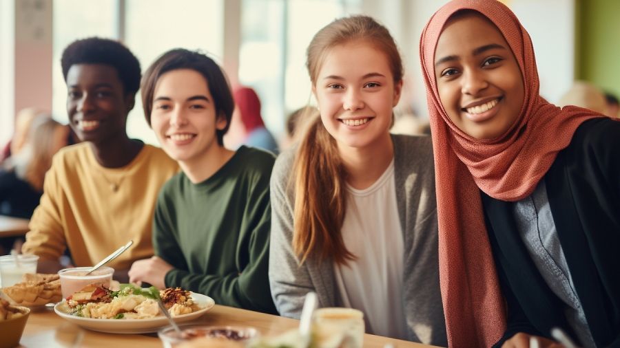 students eating lunch at a table