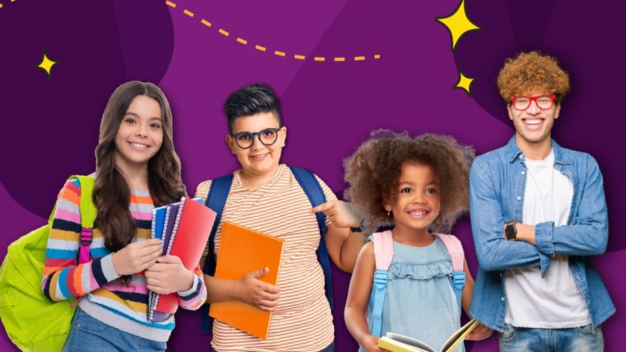 Banner showing four school-aged children with backpacks, books and notebooks against a purple background with decorative stars and dotted lines.