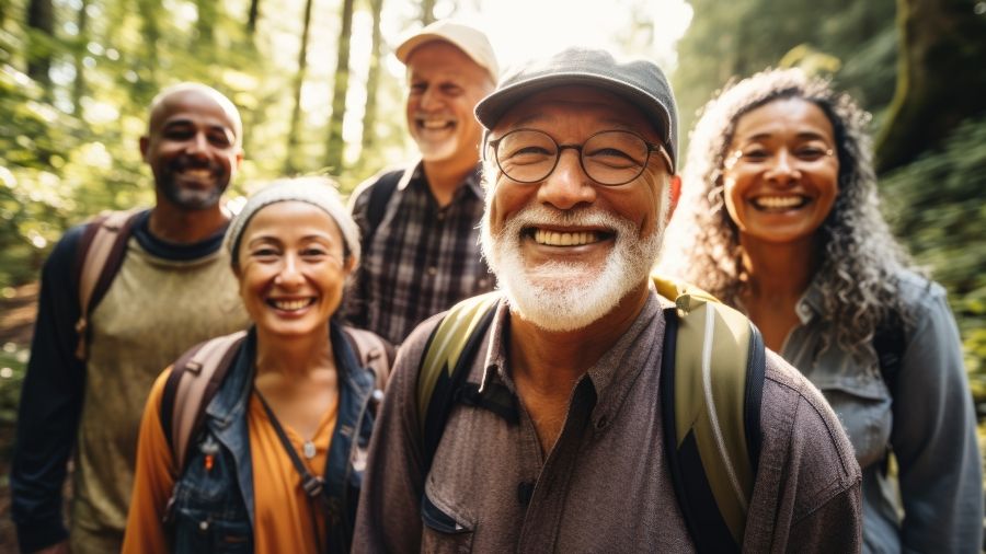 Group of Seniors walking in a forest