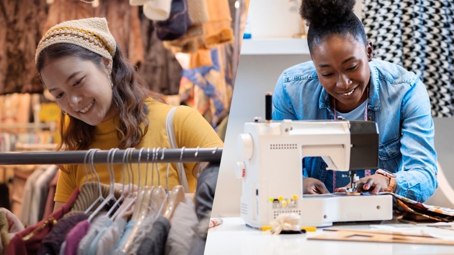 Two women, one is thrifting for used clothing, and the other is sewing used clothes