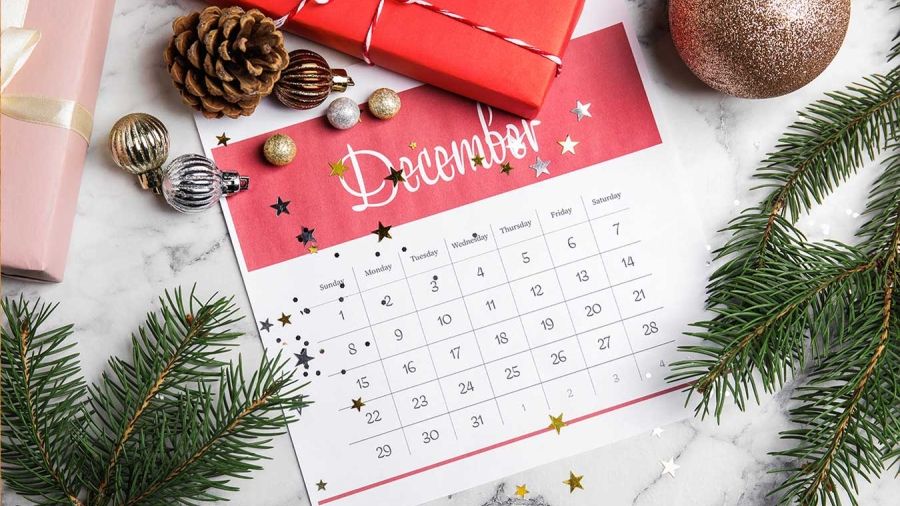 December 2024 calendar surrounded by pine branches
