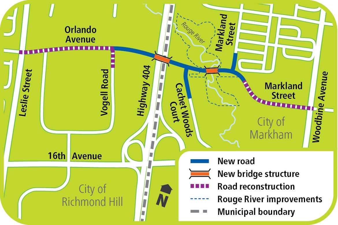 Map is showing the construction of a bridge over Highway 404 and a bridge over the Rouge River