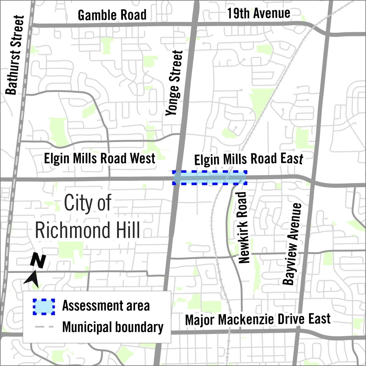Map showing study area affecting Elgin Mills Road from Yonge Street to Newkirk Road