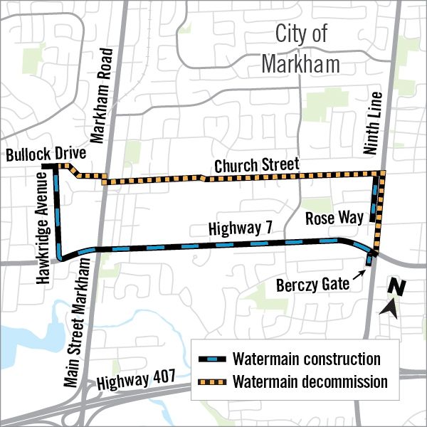 Map of watermain construction area along Bullock Drive.