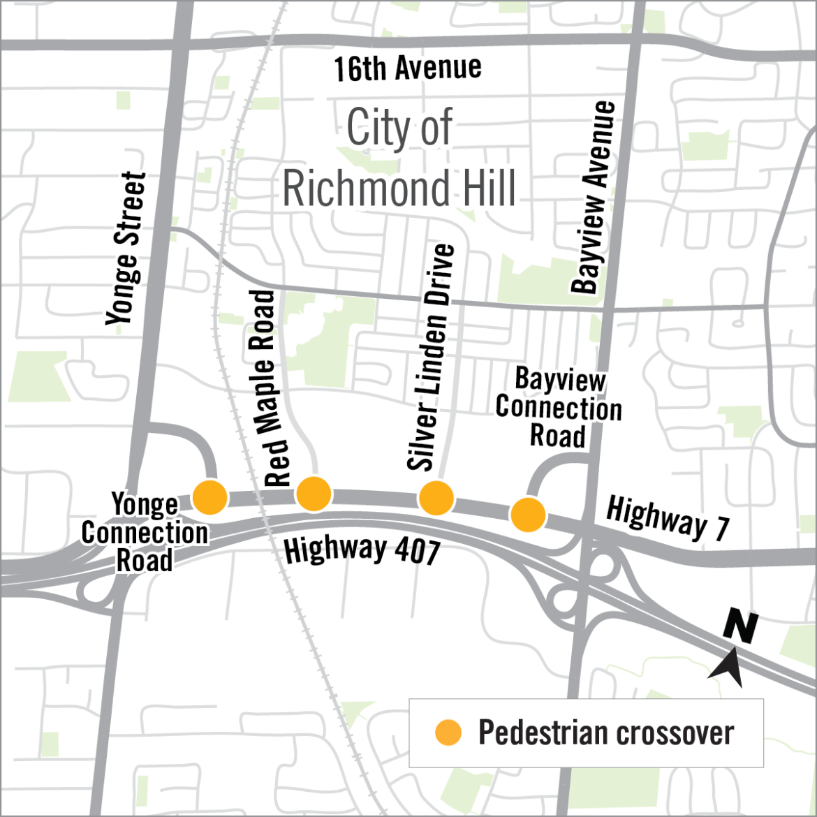 Map of pedestrian crossover locations on Highway 7 and Bayview