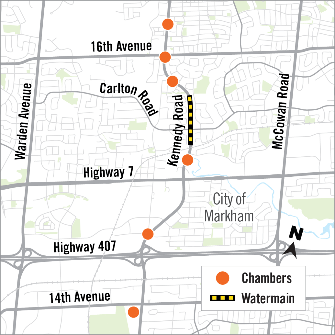Map of Kennedy watermain rehab in Markham