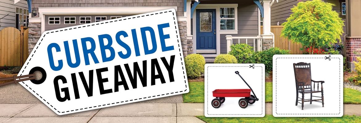 Front of a house, driveway and sidewalk and a chair and wagon with the words curtsied giveaway