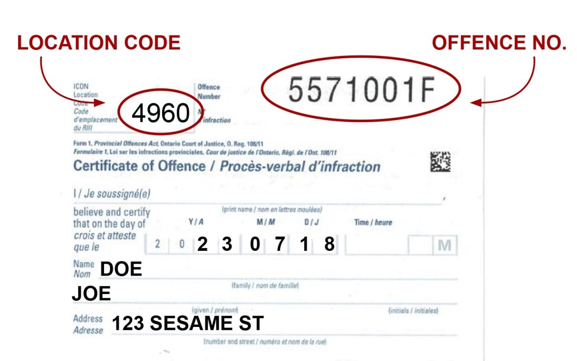 Example of ticket indicating location and offence number