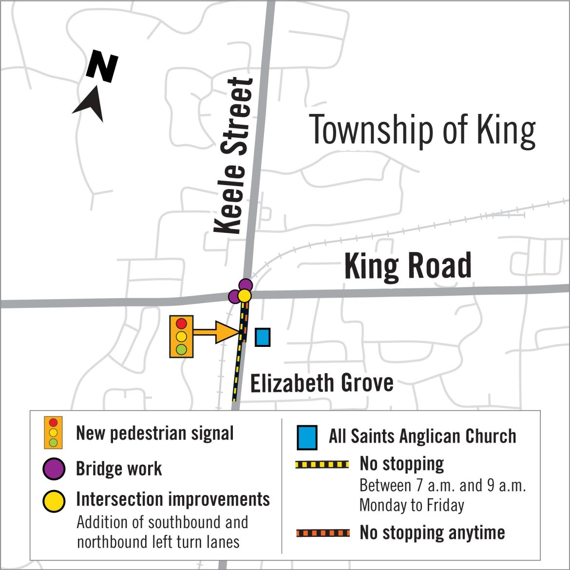 Map showing construction area affecting improving King Road and Keele Street.